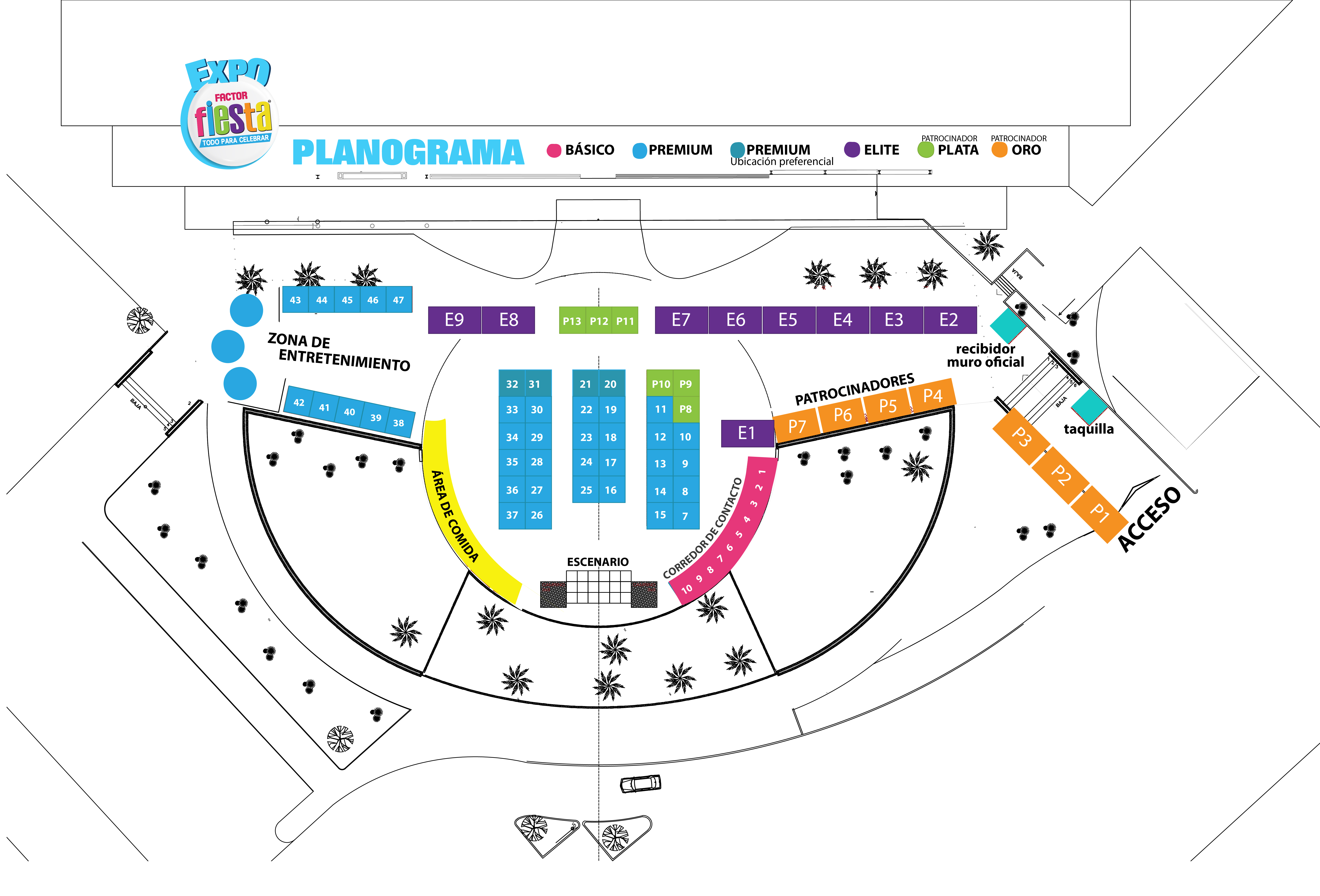Planograma de Expo Factor Fiesta — distribución de stands en El Trompo