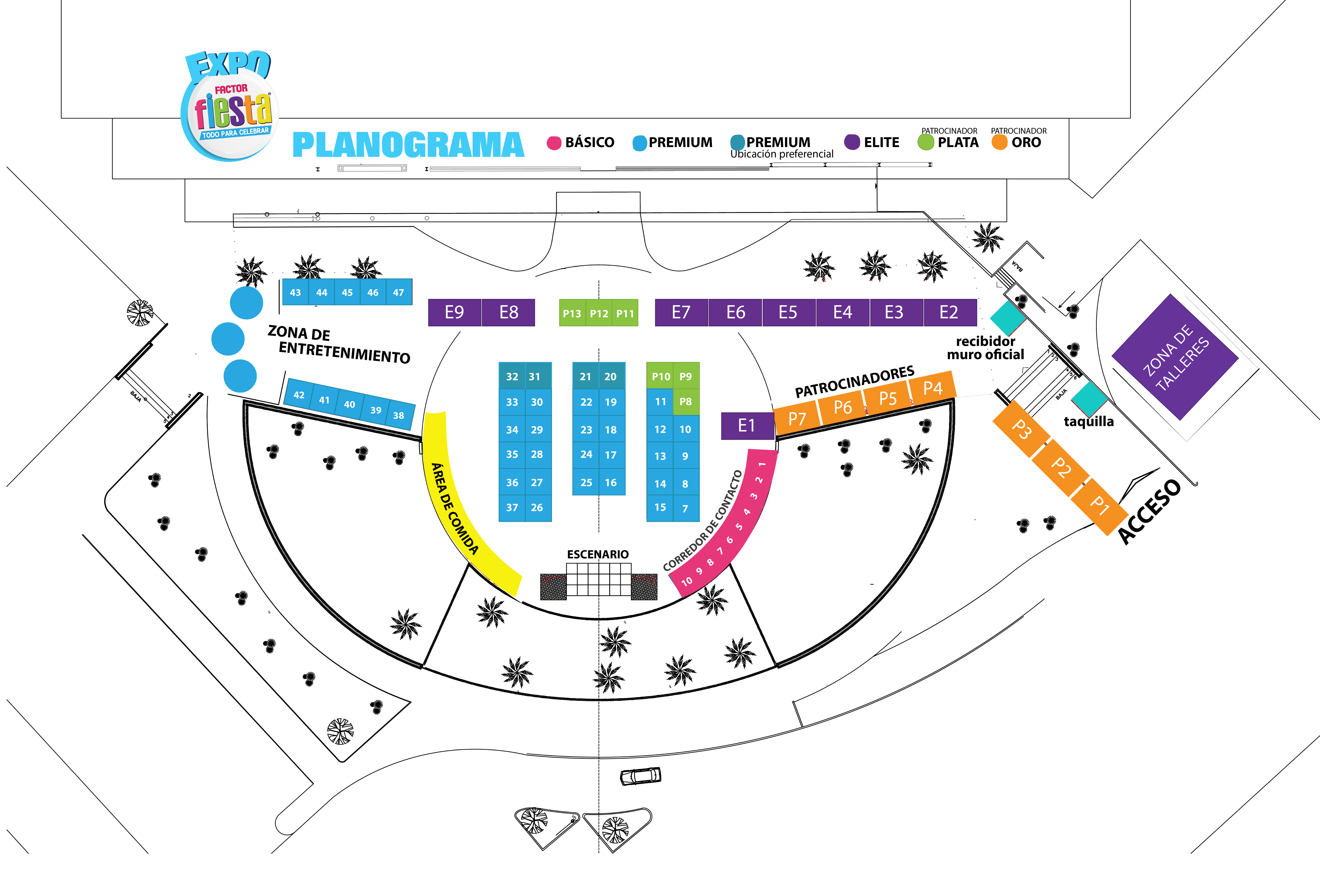 Planograma de Expo Factor Fiesta — distribución de stands en El Trompo